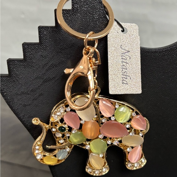 Natasha Couture Goldtone Elephant Keychain/Bagcharm Multicolor Stones